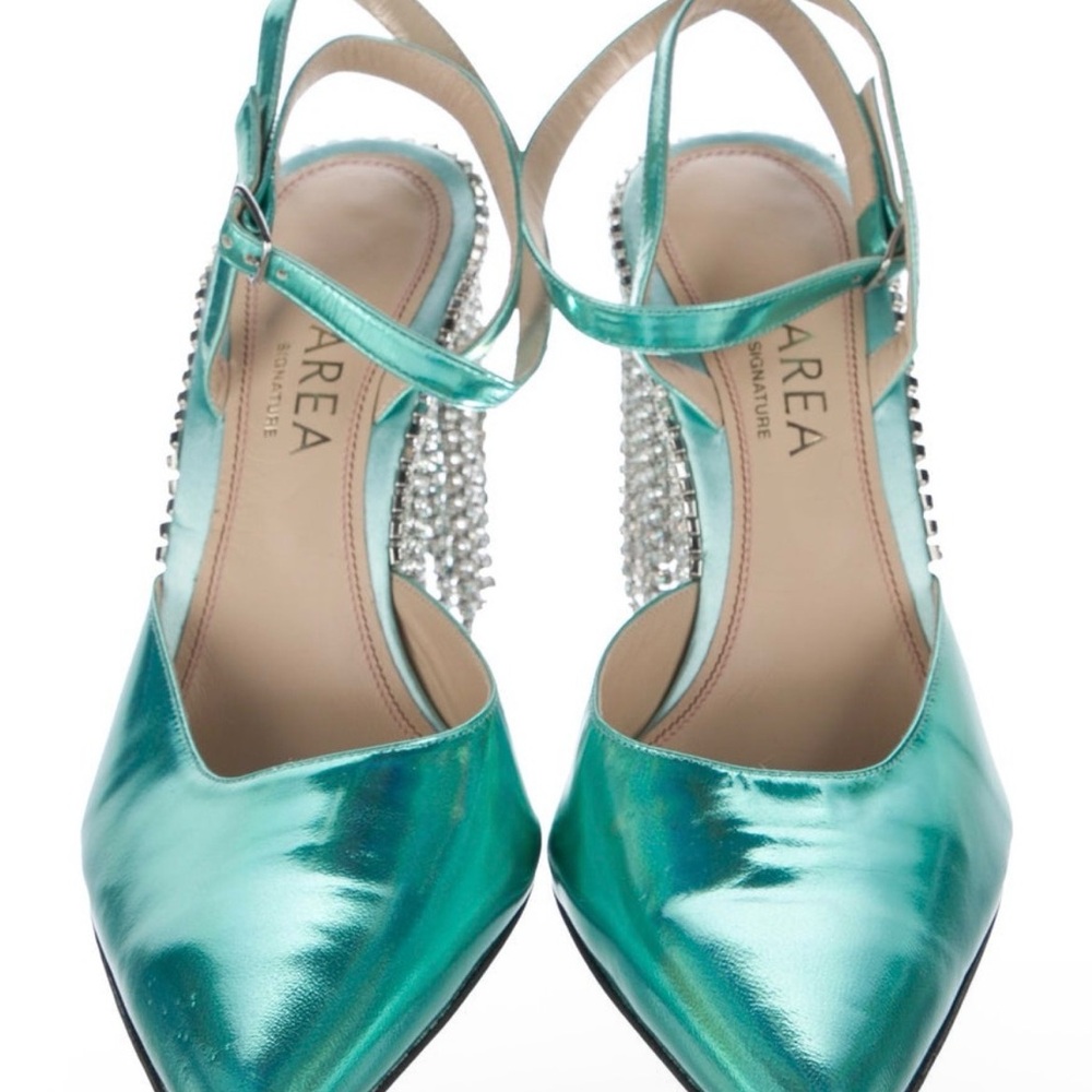 AREA Metallic Green Heels with Crystal Accents